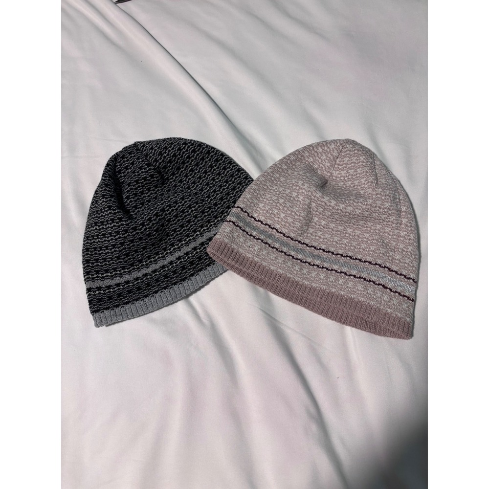 Isotoner Knit Beanie Hat Lot of 2 Fleece Lined Black Grey Mauve Pink Winter Caps